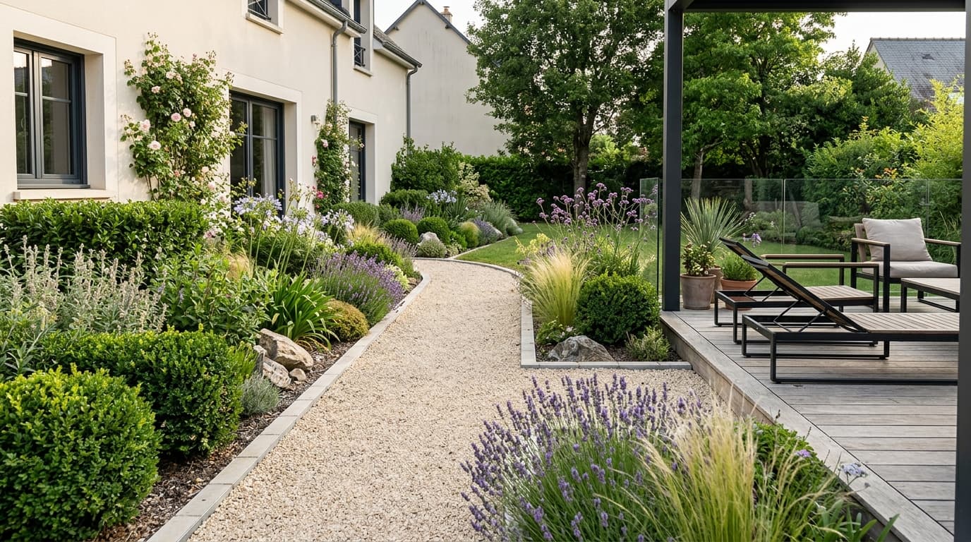 Aménagement extérieur de jardin moderne avec allée de gravier clair soignée, terrasse bois et massifs végétalisés